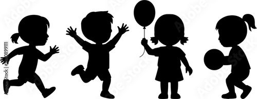 Child Silhouettes Playing Balloon and Ball Happy Kids Activity