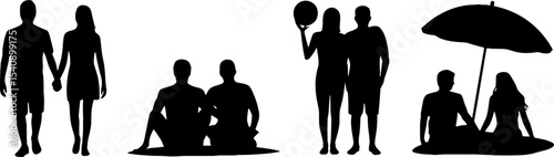 Couple Silhouettes Beach Relaxing Walking Playing Volleyball