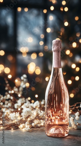 Elegant Rose Sparkling Wine Bottle With Glasses Surrounded by Twinkling Light...