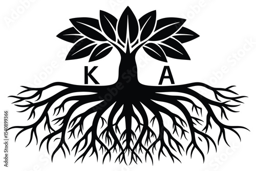 Stylized Black Tree with Dense Roots and Foliage, Marked with K and A