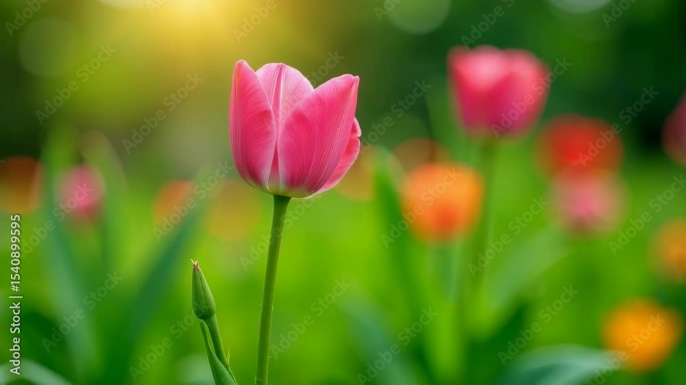 Pink tulip in bloom with green stem and bud, captured in realistic style, sunlit background, concept of spring and renewal Pink tulip in bloom with green stem and bud, captured in realistic style, sunlit background, concept of spring and renewal