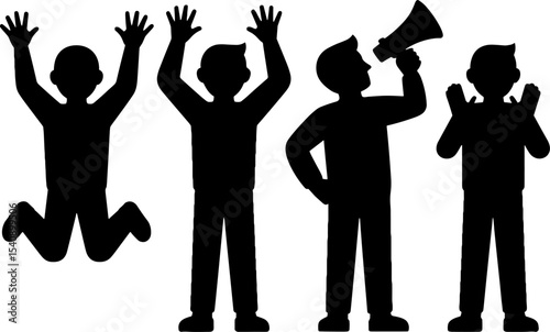 Silhouette People Jumping Raised Hands Speaking Megaphone Cheer Applause