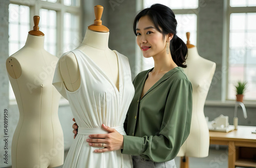 Smiling asian fashion designer posing with elegant white dress on mannequin