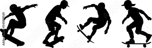 Skateboarder Silhouettes Performing Tricks Youth Action