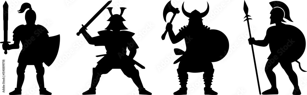 Fototapeta premium Silhouette Ancient Warrior Set Knight Samurai Viking Spartan Combat