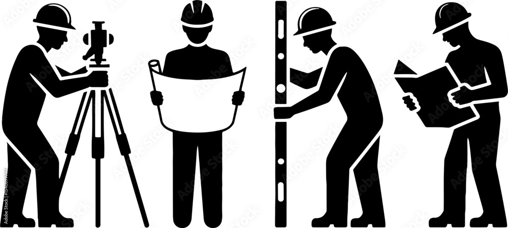 Construction Worker Surveyor Blueprint Reading and Level Measuring