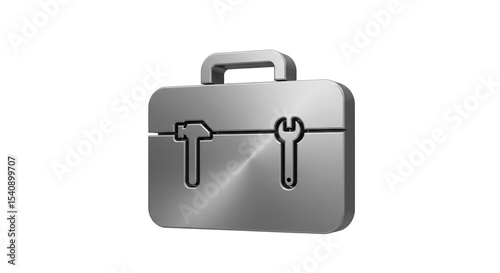 Metallic toolbox with hammer and wrench icons on a white background in a studio shot style