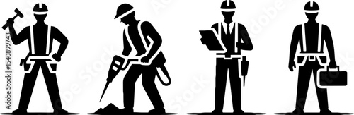 Construction Workers Holding Hammer Drill Blueprint Briefcase Safety Gear