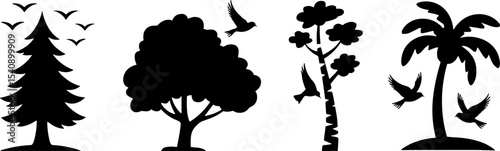 Silhouette Forest Tree Bird Set Nature Landscapes