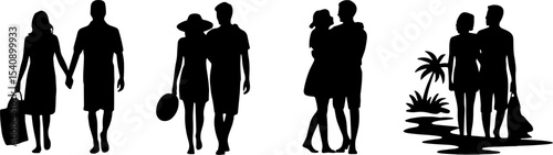 Couple Silhouettes Walking Beach Vacation Romantic Leisure