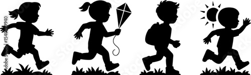 Children Running Playing Outdoors Silhouettes Adventure Activity