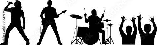 Rock Band Silhouettes Singing Guitar Drums Crowd Cheer Concert Entertainment
