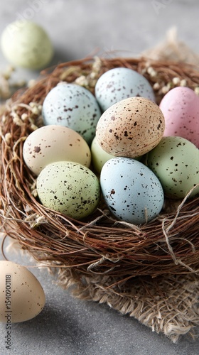 Colorful Speckled Eggs Arranged in a Rustic Nest During Springtime Celebration