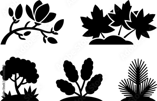 Silhouette Plant Leaves Set Decorative Botanical Natures
