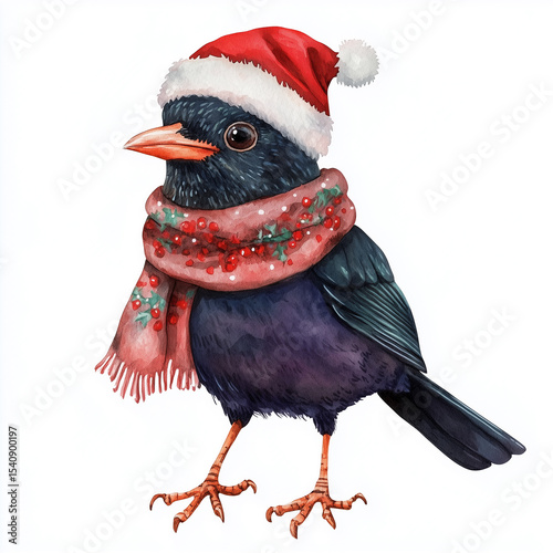 watercolor cute adorable blackbird wearing a Christmas hat and shawl, animal costume clipart, isolated on white. Wild animal with christmas hat, Design element for Christmas greeting card, christmas p
