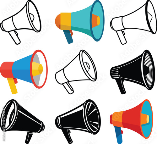 Amplified Announcement: A captivating illustration showcasing multiple megaphones in various styles, symbolizing the power of communication, public address, and amplified messages.