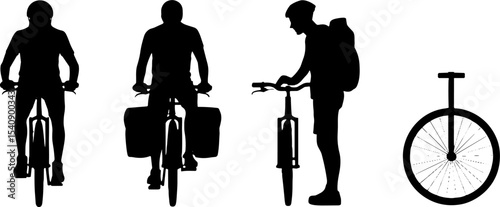 Silhouettes Cyclist Bicycle Touring Unicycle Front View Side Profile