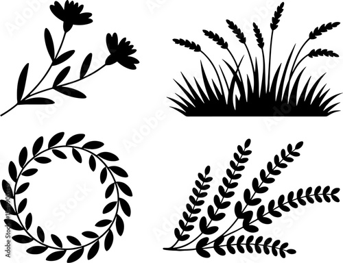 Floral Leaf Wreath Wild Grass Lavender Branch Silhouette Set