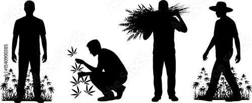 Marijuana Farmer Cannabis Plant Cultivator Harvesting Silhouette Set