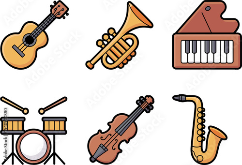 Musical Instrument Set Acoustic Trumpet Piano Drums Violin Saxophone