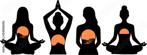 Meditation Silhouettes Sunset Scenes Yoga Relaxation Concept