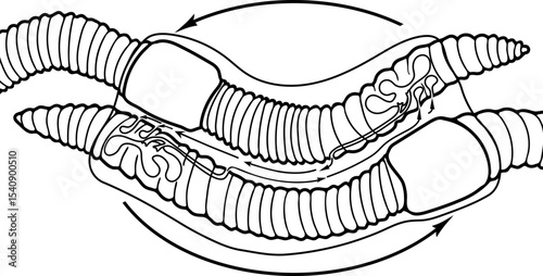 Coloring page with diagram of mating process of earthworms. Scheme of earthworm copulation with elements of the internal structure of the reproductive system for biology lesson