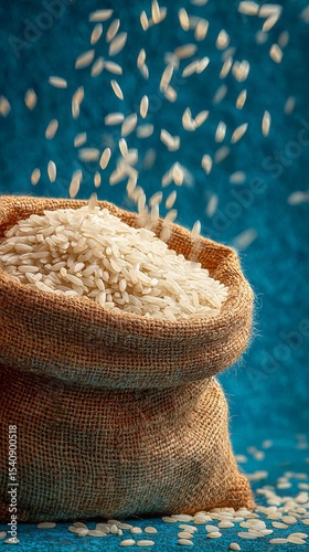 Rice Spilling From a Burlap Sack Against a Blue Background in a Cozy Kitchen ...