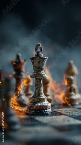 Chess Pieces Surrounded by Flames Create an Intense Atmosphere During a Strat...