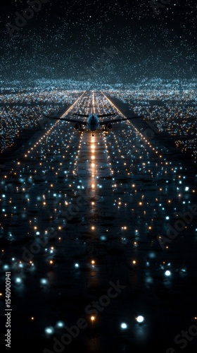 Airplane Preparing for Takeoff on a Brightly Lit Runway at Night