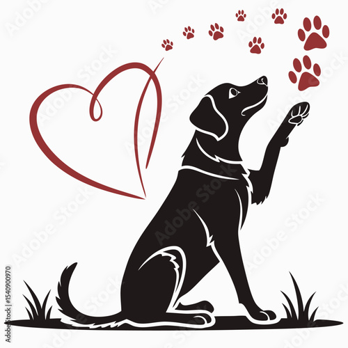 Black cat and heart vector illustration silhouette with cute pet animal love symbol