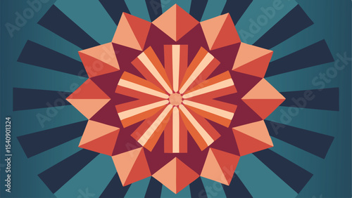 Geometric floral design with radial symmetry and retro color palette for graphic applications