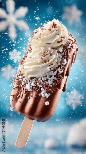 Delicious Chocolate Coated Ice Cream Treat Against a Snowy Backdrop in Winter