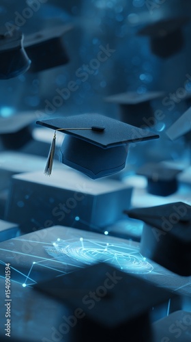 Graduation Caps Floating Above Digital Blocks in Futuristic Study Environment