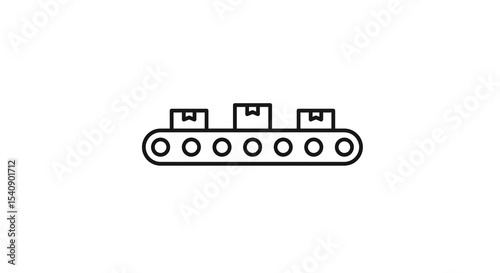 A simple line drawing of a conveyor belt with three boxes on it in black and white illustration