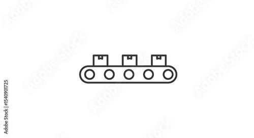 A simple line drawing of a conveyor belt with three boxes on it in black and white minimalist style