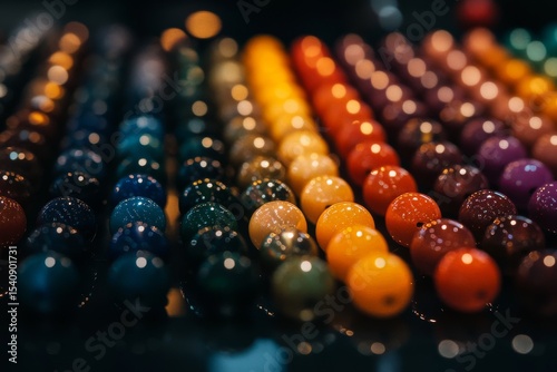 Colorful Pearls Shimmering Under Soft Light in a Decorative Arrangement.