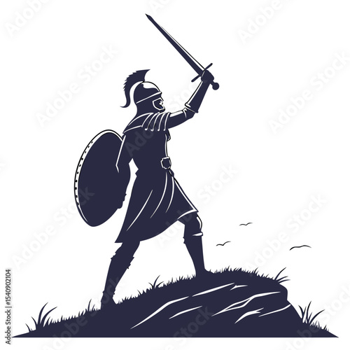 A brave warrior brandishing a sword on a rocky outcrop. The warrior is armored and holds a shield
