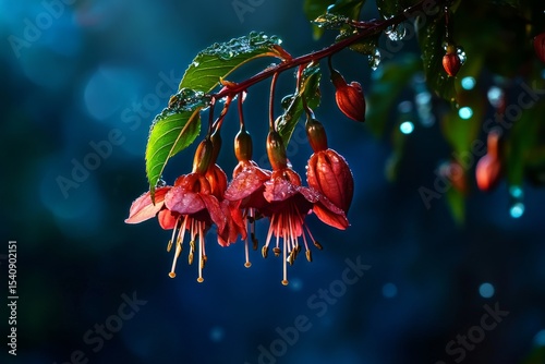 Brilliant Red Flowers Glisten in the Rain Under Moody Light in a Garden Setting.
