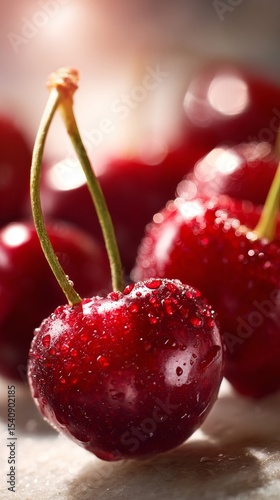 Fresh Cherries With Droplets Glowing Under Bright Light in a Vibrant Setting