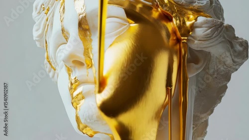 Close-up of a white marble statue with gold paint dripping over its face, in a realistic style, set against a neutral gray background, concept of contrast between classical art and modern elements