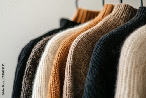 Various Knitted Sweaters Displayed on Hangers in a Bright Indoor Setting Duri...