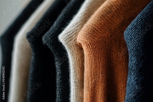 Various Knitted Sweaters Displayed on Hangers in a Bright Indoor Setting Duri...