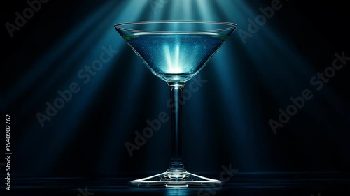 Stylish cocktail glass filled with glowing liquid, illuminated by blue lights on a dark background, symbolizing nightlife and luxury