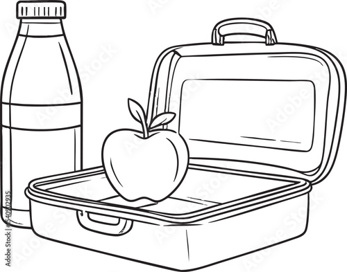 Line Art Style Lunchbox Icon Set Apple, Juice Bottle, and More