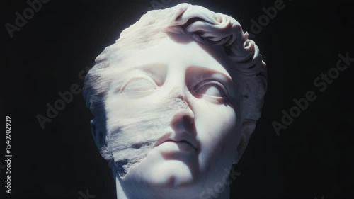 Marble sculpture head with erosion on one side, hyperrealistic style, dark background, concept of decay and timeless beauty