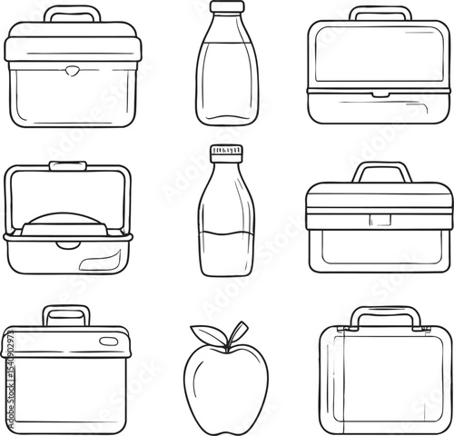 Line Art Icon Set Lunchboxes, Drinks, and Fruit for School or Work
