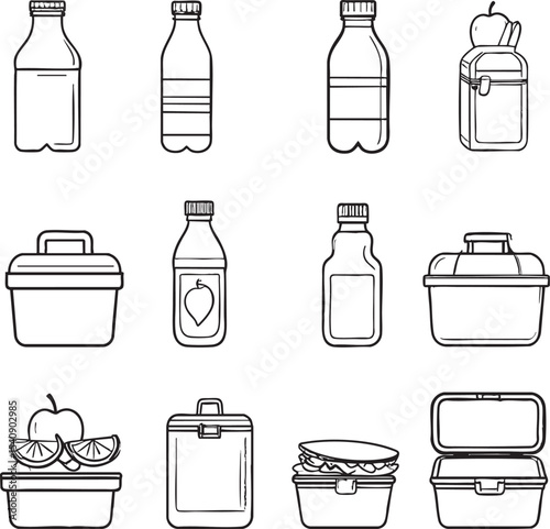 Line Art Style Lunchbox and Beverage Icon Set A Complete Collection for Design Projects
