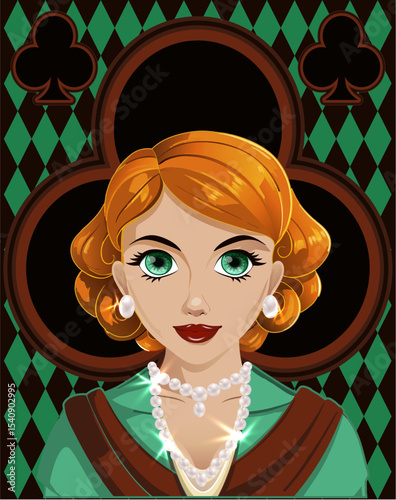 Clubs poker girl , art deco card, vector illustration