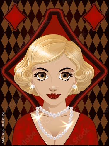 Diamond poker girl , art deco card, vector illustration