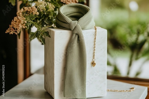 Elegant Green Scarf Displayed on Stylish Marble Pedestal With Floral Decor in...